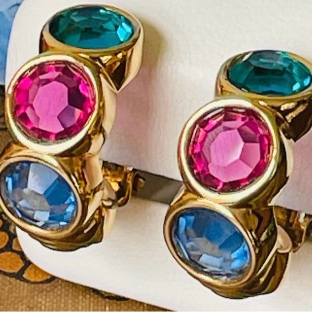Swarovski gold-tone half-hoop earrings blue, pink, green glass crystal lips